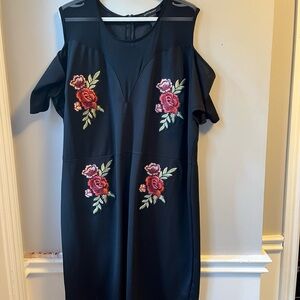 Ashley Stewart, black knee length dress with rose appliqués
